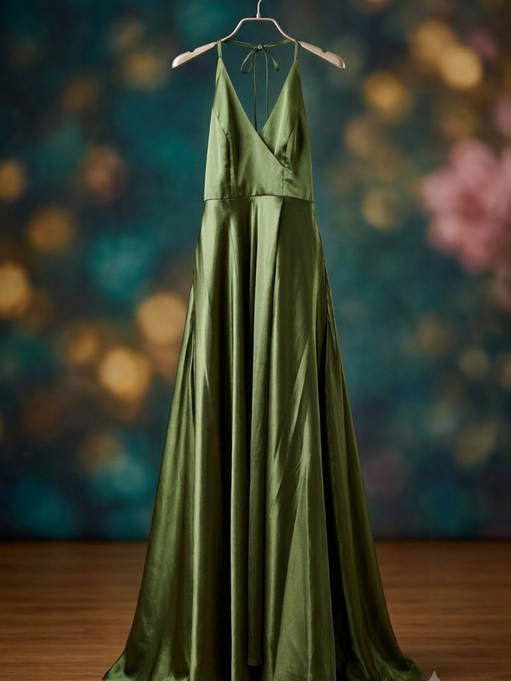 Olive Green Satin V-Neck Halter Maxi Dress